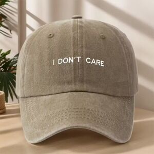 I DON'T CARE Embroidered Washed Cotton Baseball Cap Khaki Taupe Dad Hat Hat
